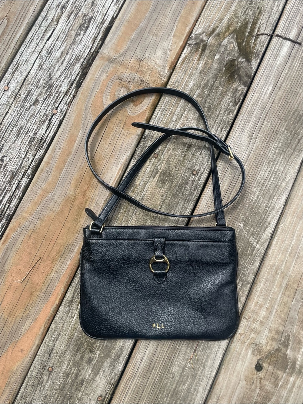 Ralph Lauren Black Pebbled Leather Crossbody with Gold Ring